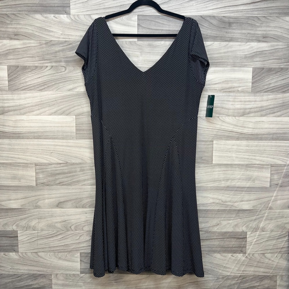 Lauren Ralph Lauren Sheath Dress Women's XL Black Polka Dot Short Sleeve V-Neck‎
